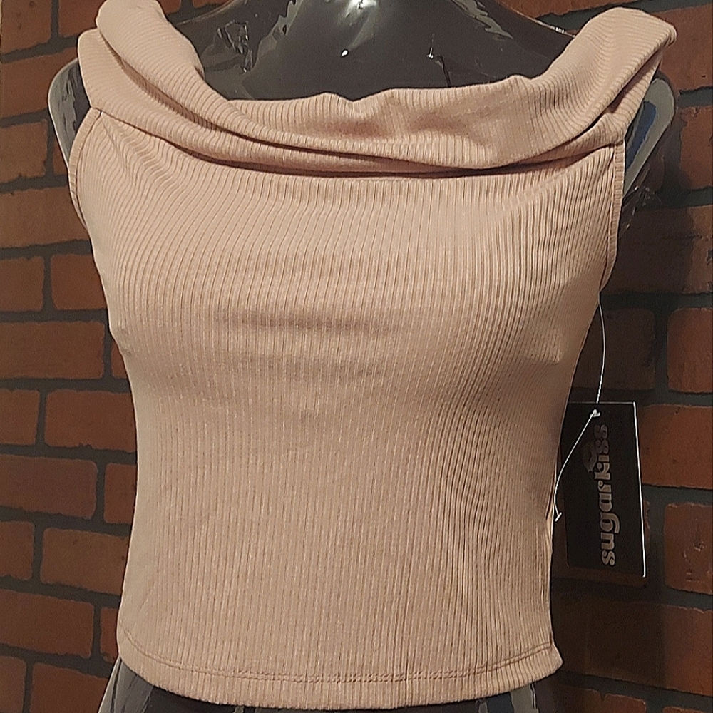 Sugarkiss Cowl Neckline Ribbed Beige Crop Top
